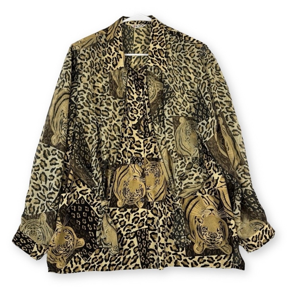 Eva Fashion Button Down Blouse Womens XL Tiger Print Collared